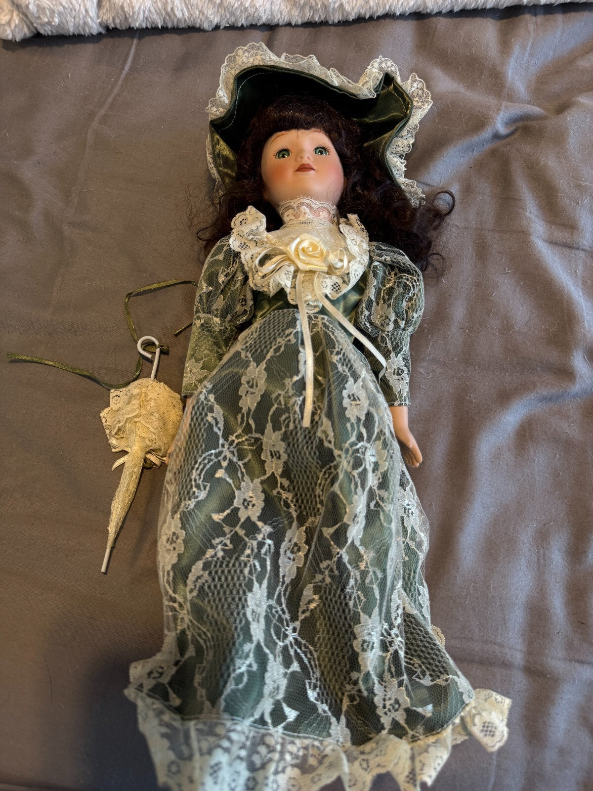 Vintage Porcelain Doll Victorian Lady Green Satin Lace Gown Hat Parasol Brunette