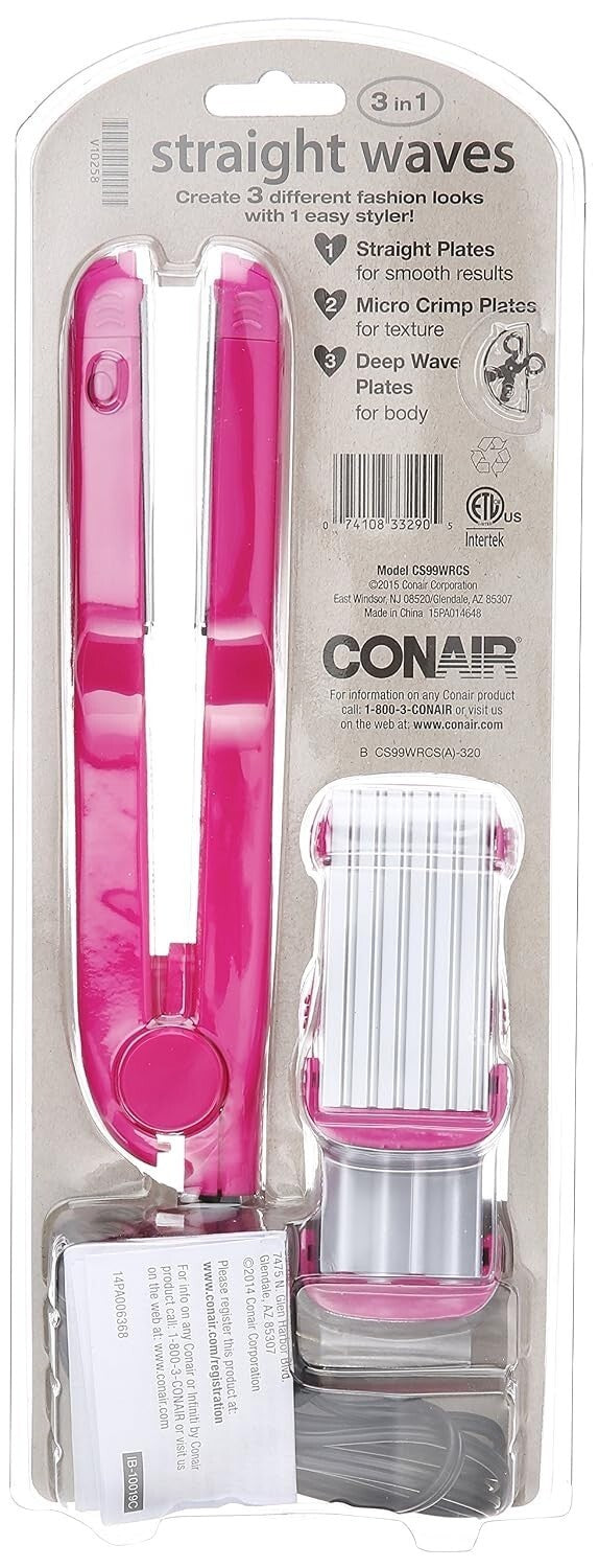 Conair 3 In 1 Ceramic Styler Flat Iron Micro Crimp & Deep Wave Plates