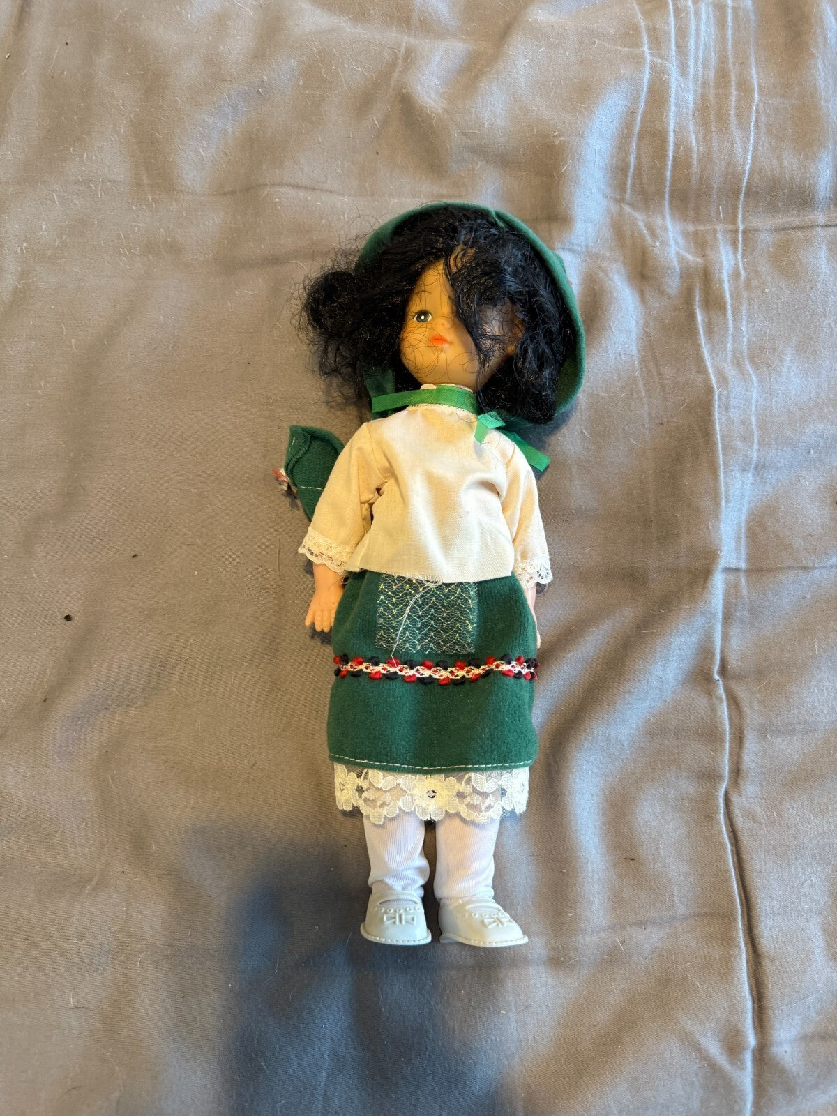 Vintage Vinyl Souvenir Costume Doll Green Felt Skirt Bonnet Dark Hair 12 in Folk