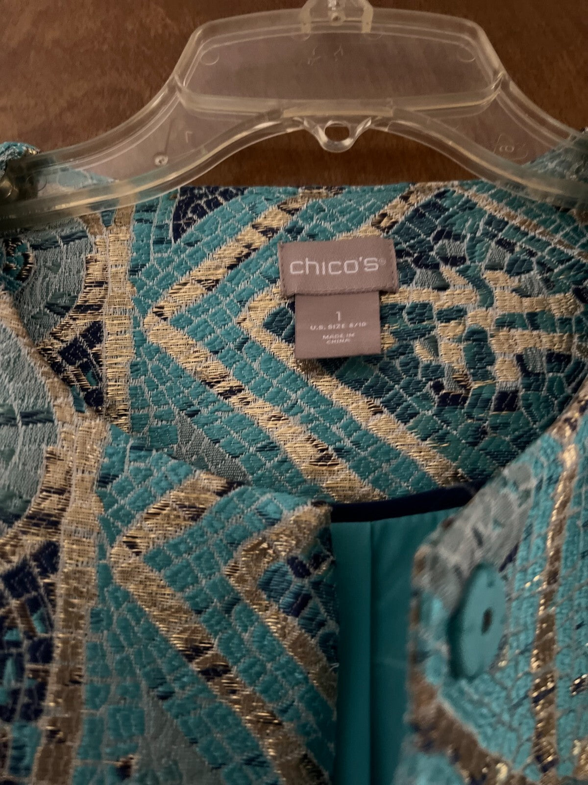 Chico's Jacket Size 1 Turquoise Gold Metallic Jacquard