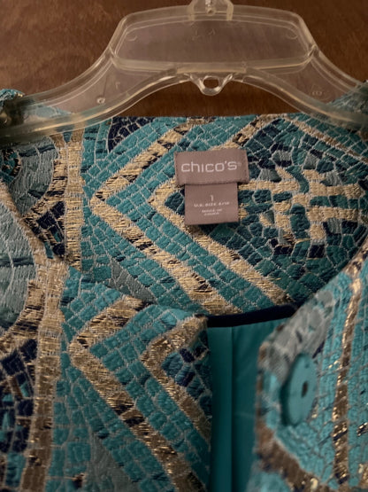 Chico's Jacket Size 1 Turquoise Gold Metallic Jacquard