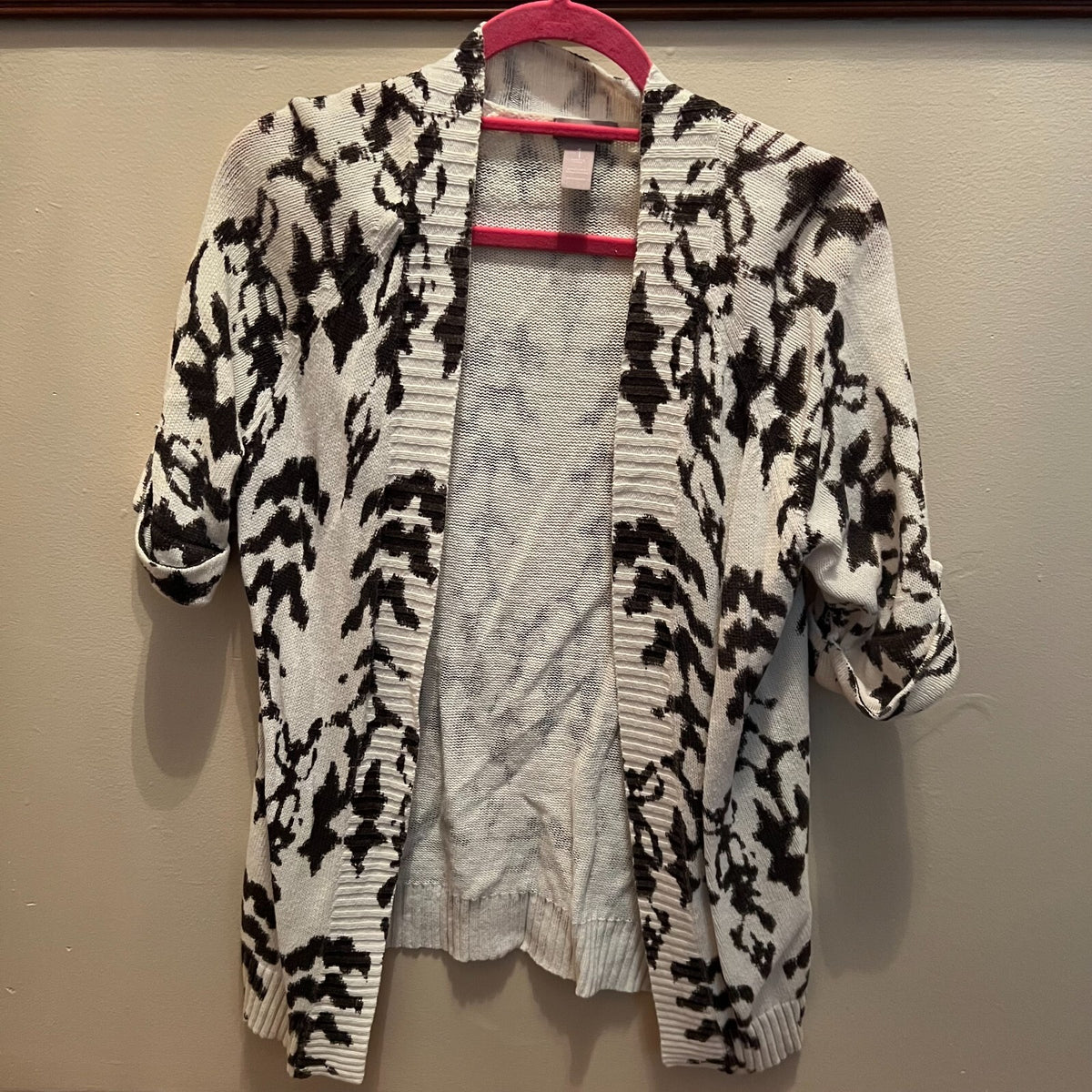Chico's Size 1 (M) Black White Cardigan Short Roll-Tab