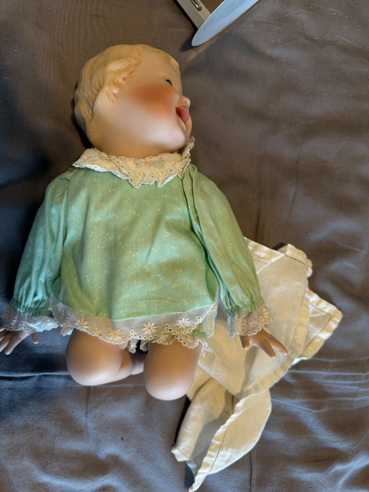 Vintage Porcelain Laughing Baby Doll Heubach Style Molded Hair Cloth Body 14 in