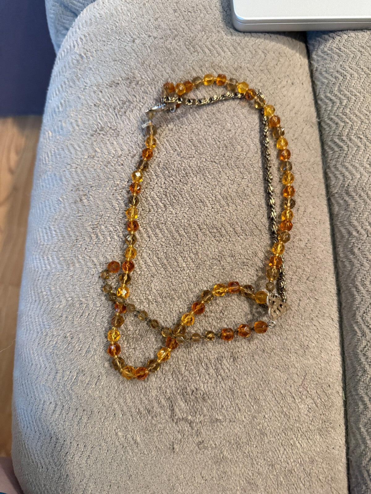 Vintage Amber Topaz Faceted Glass Bead Necklace Multi Strand Gold Tone Chain 60s