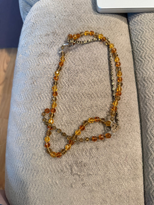 Vintage Amber Topaz Faceted Glass Bead Necklace Multi Strand Gold Tone Chain 60s