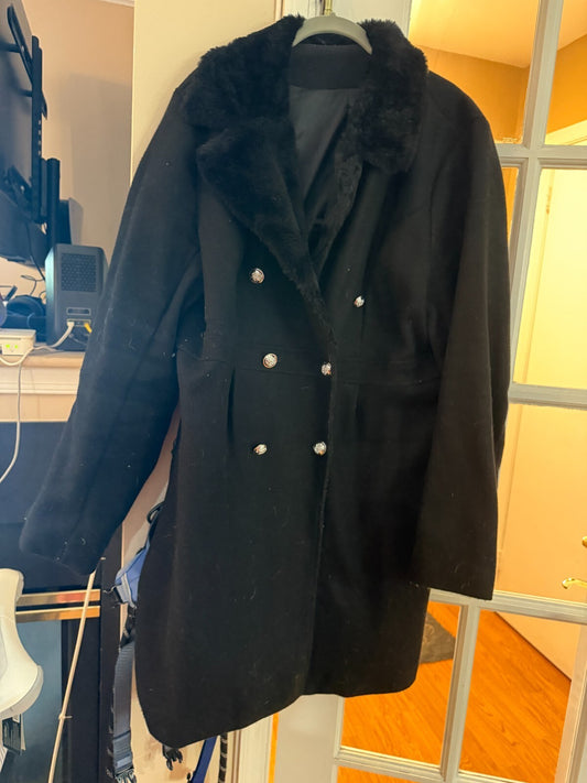 SHEIN Women's XL Black Double Breasted Coat Faux Fur Collar