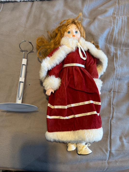 Vintage Porcelain Doll Victorian Christmas Red Velvet Coat Faux Fur Trim Stand