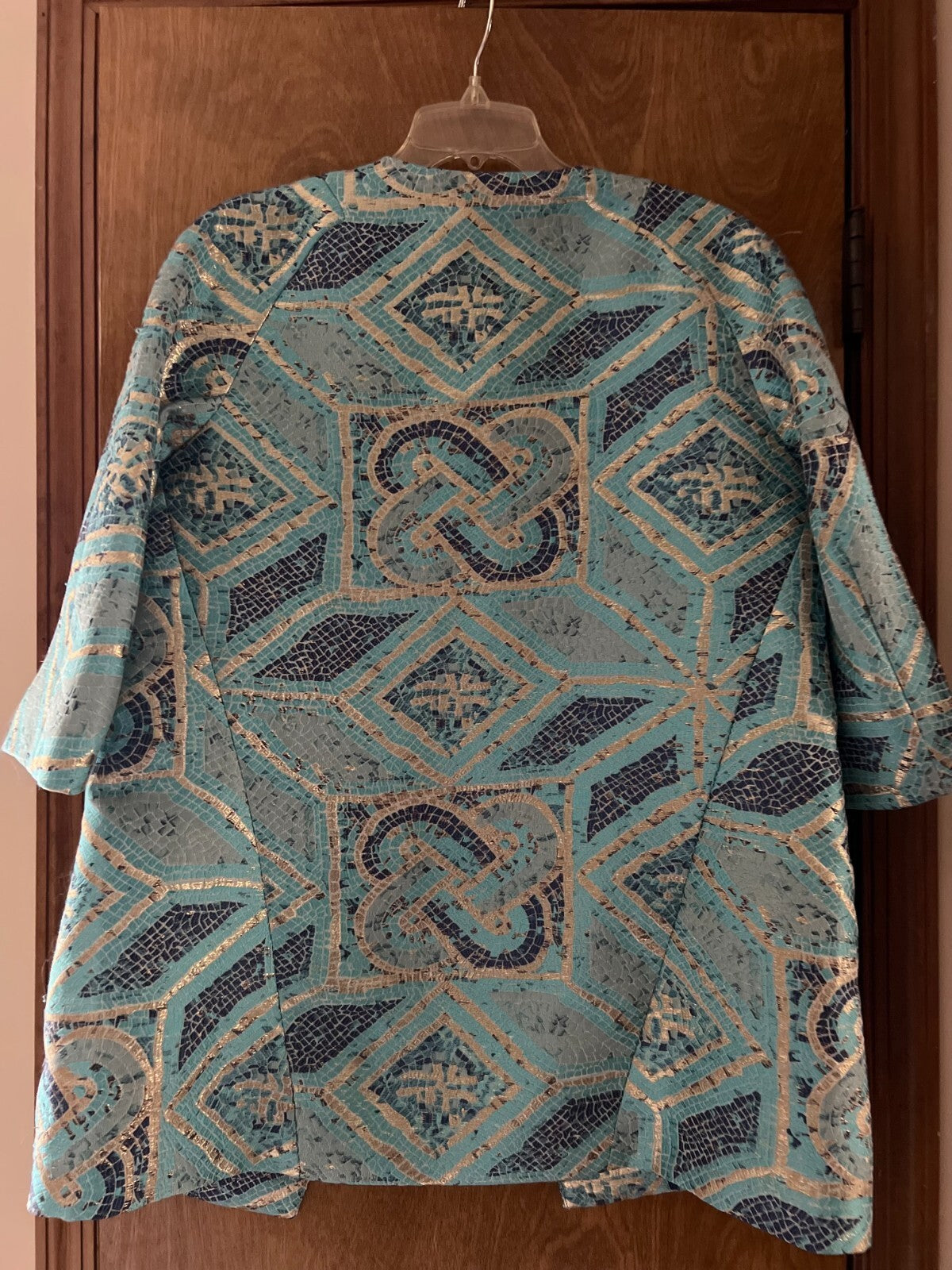 Chico's Jacket Size 1 Turquoise Gold Metallic Jacquard