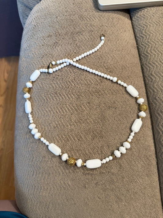Vintage White Milk Glass Bead Necklace Gold Tone Filigree Ball Mid Century 60s