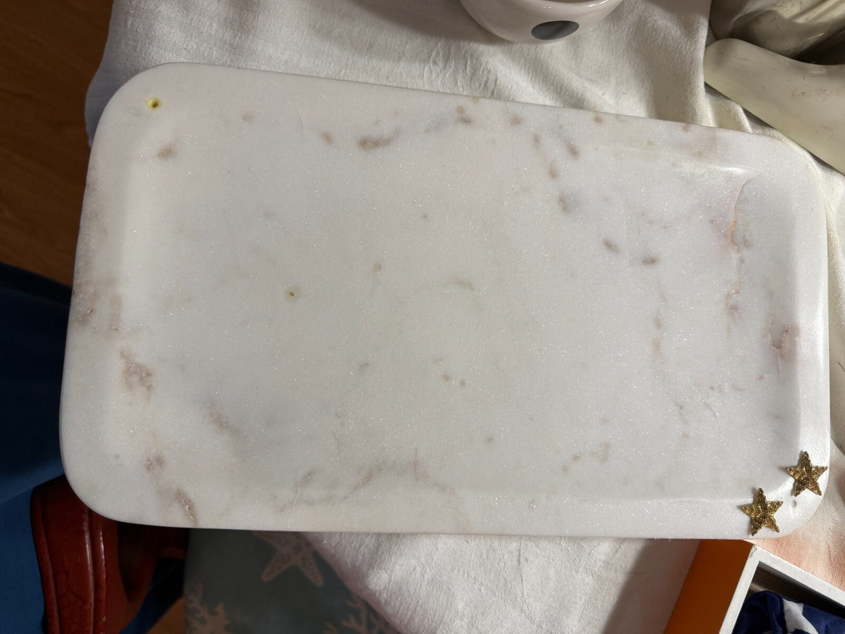 White Marble Vanity Tray Gold Star Accents Rectangular Catchall Jewelry Perfume