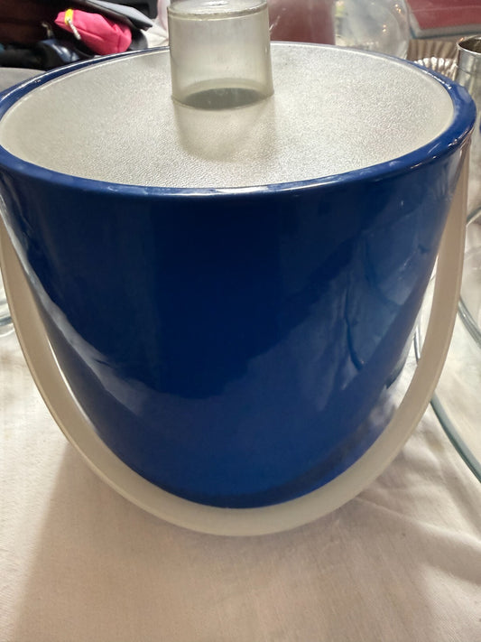 Vintage 1980s Cobalt Blue Vinyl Ice Bucket Frosted Lucite Handle Lid MCM Barware