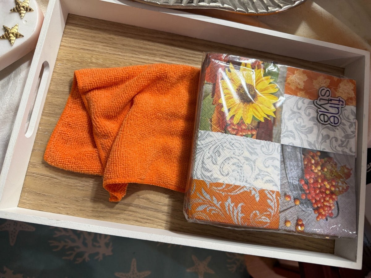 Title: White Wood Serving Tray with Handles + Fall Sunflower Paper Napkins Pack