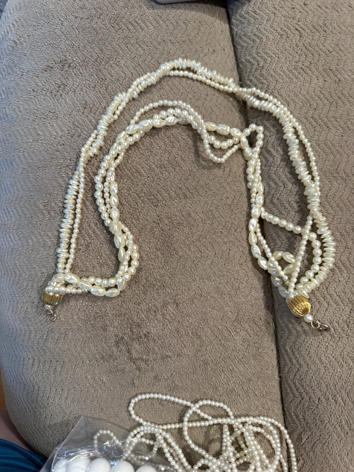 Vintage 80s Faux Pearl Multi Strand Torsade Necklace Baroque Twist Gold Tone Cap