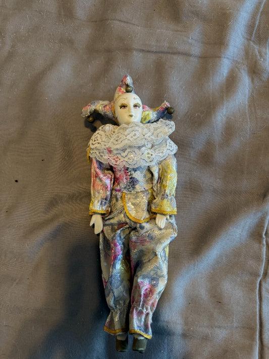 Vintage Porcelain Harlequin Jester Doll Metallic Floral Brocade Lace Collar Bell
