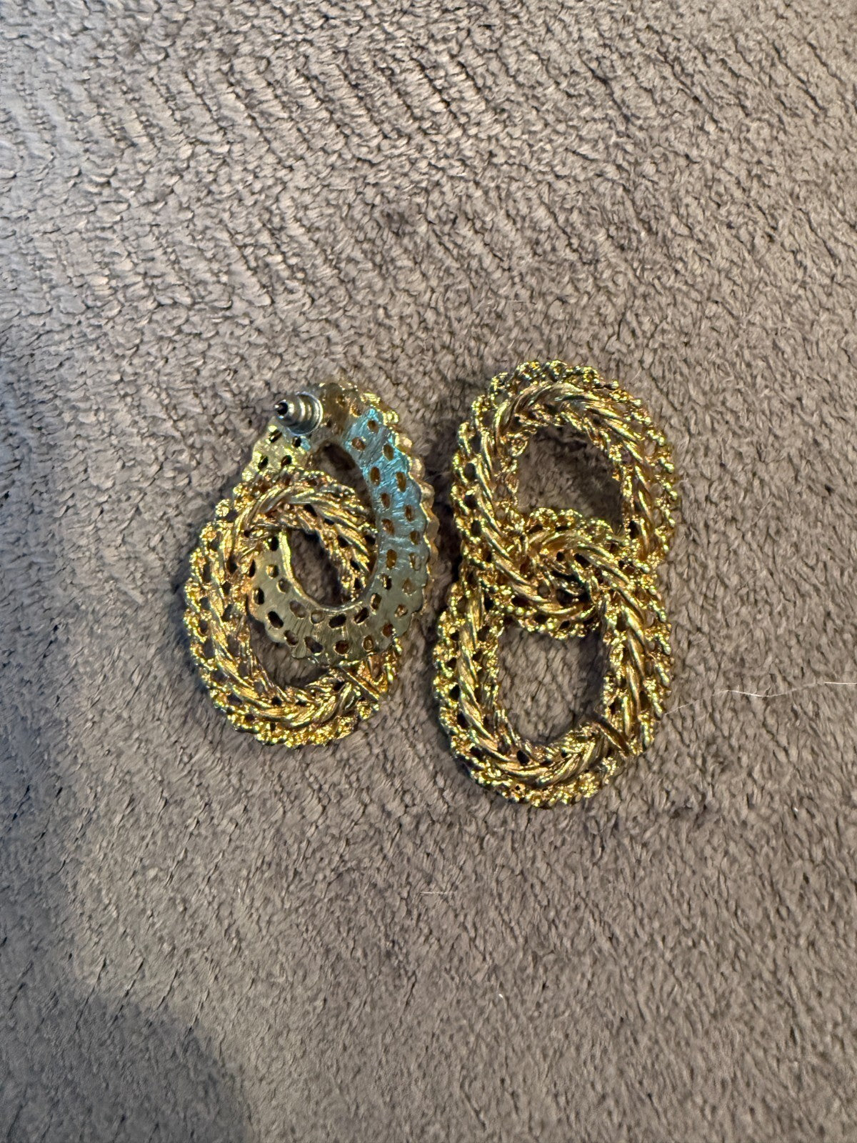 Vintage 80s Gold Tone Door Knocker Earrings Twisted Rope Double Oval Link Pierce