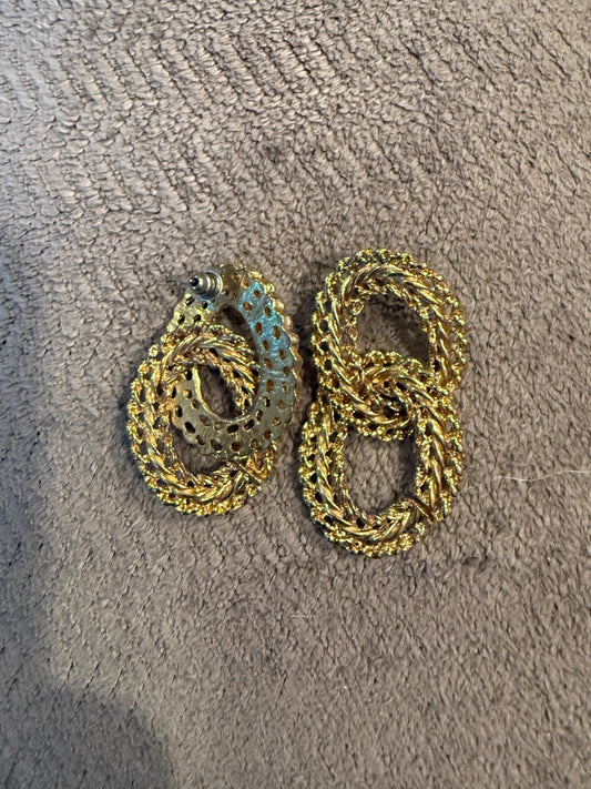 Vintage 80s Gold Tone Door Knocker Earrings Twisted Rope Double Oval Link Pierce