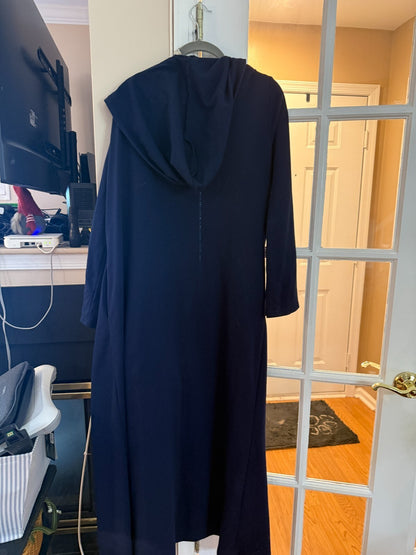 Navy Blue Hooded Robe Full Length Long SleeveZipper Missing