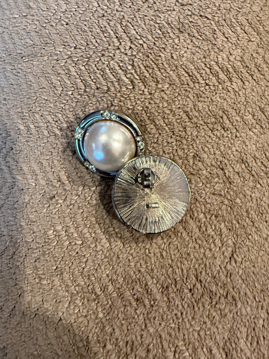 Vintage Faux Pearl Rhinestone Button Earrings Silver Tone Round Dome Pierced 80s