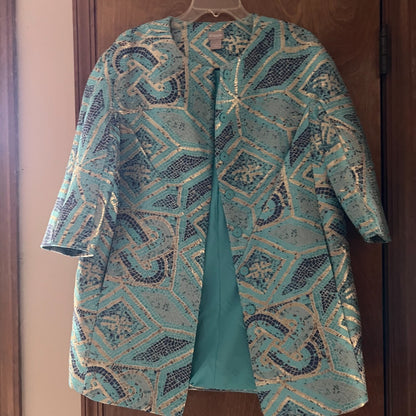 Chico's Jacket Size 1 Turquoise Gold Metallic Jacquard