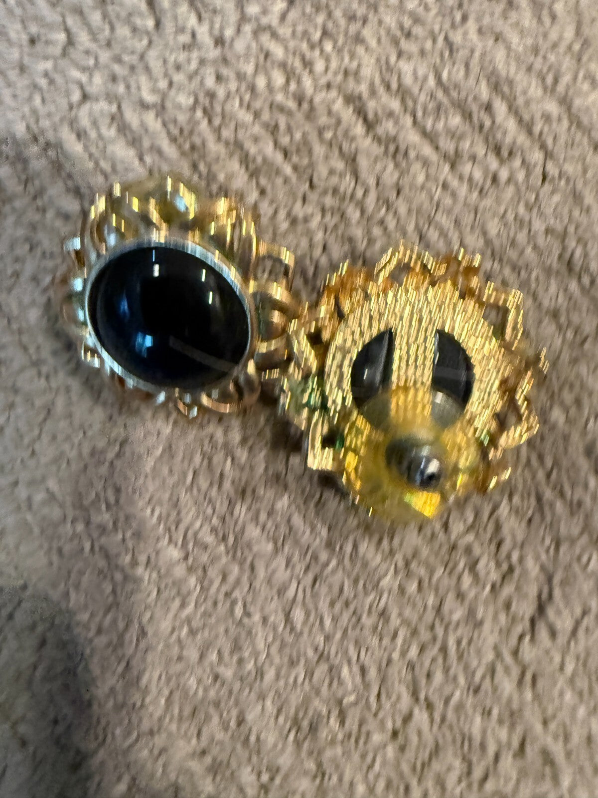 Vintage Black Cabochon Gold Tone Filigree Earrings Oval Pierced Victorian Style