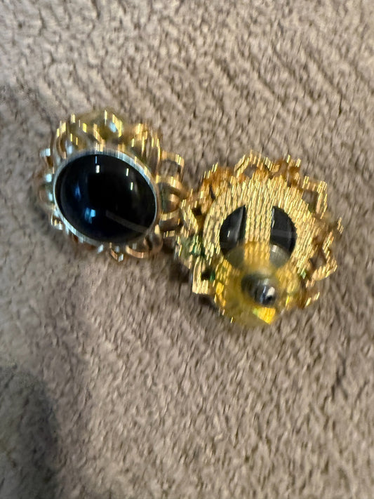 Vintage Black Cabochon Gold Tone Filigree Earrings Oval Pierced Victorian Style
