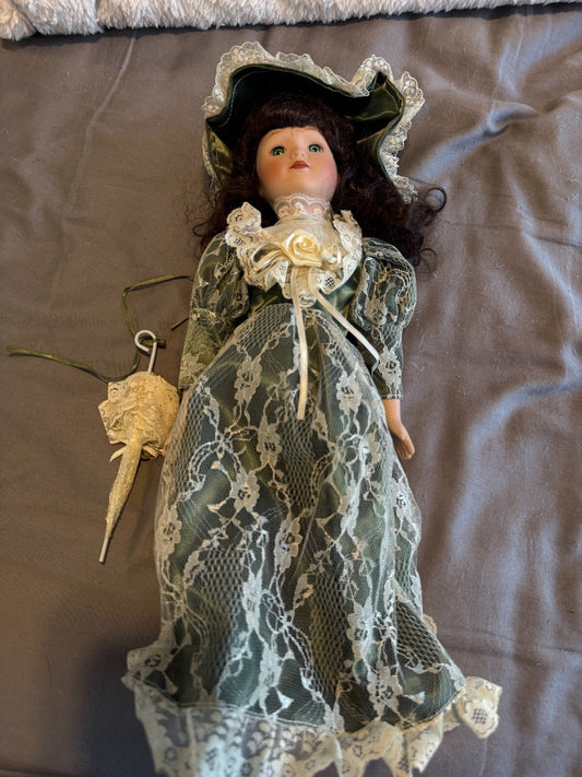 Vintage Porcelain Doll Victorian Lady Green Satin Lace Gown Hat Parasol Brunette
