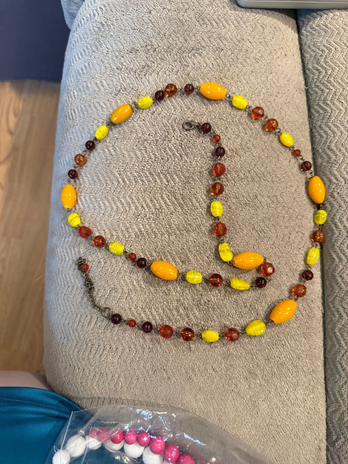 Long Beaded Necklace Orange Yellow Amber Glass Bead Station Antiqued Brass Tone