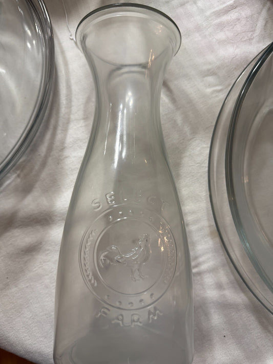 Select Farm Embossed Rooster Glass Carafe Milk Bottle Farmhouse Pitcher Decanter