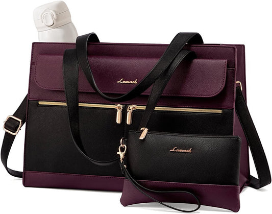 LOVEVOOK Women's Laptop Tote Bag 15.6" Purple Black Work Briefcase w/ Clutch