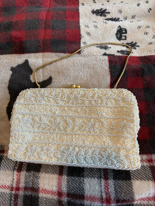 Vintage 1950s 60s HandBeadedEvening Bag IvorySeedPearlSequin