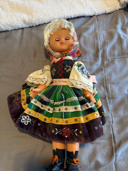 Vintage Polish Folk Doll Łowicz Costume Striped Pasiak Beaded Velvet Sleep Eyes