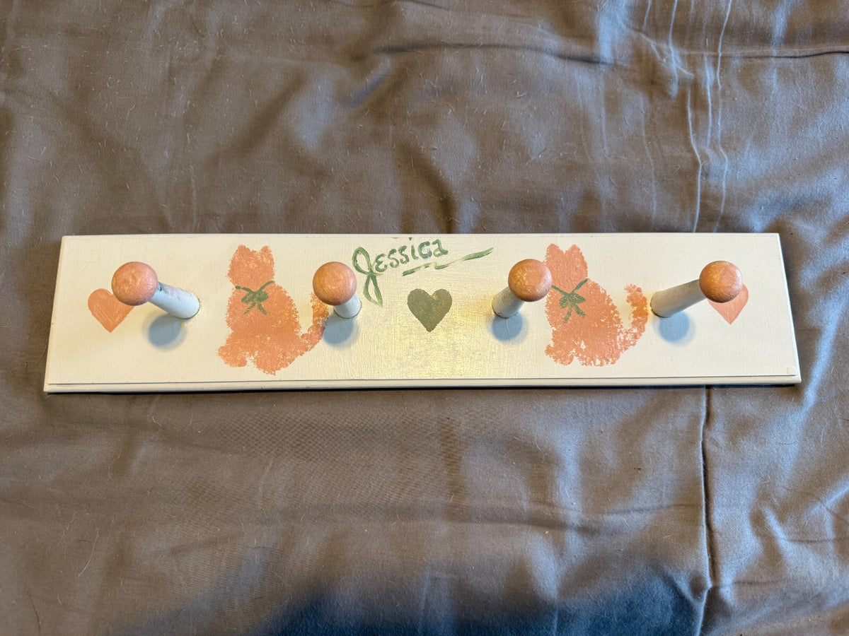 Vintage Hand Painted JESSICA Wood Peg Rack 4 Hook Wall Coat Hanger Country Folk