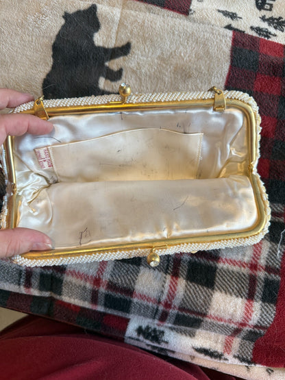 Vintage 1950s 60s HandBeadedEvening Bag IvorySeedPearlSequin