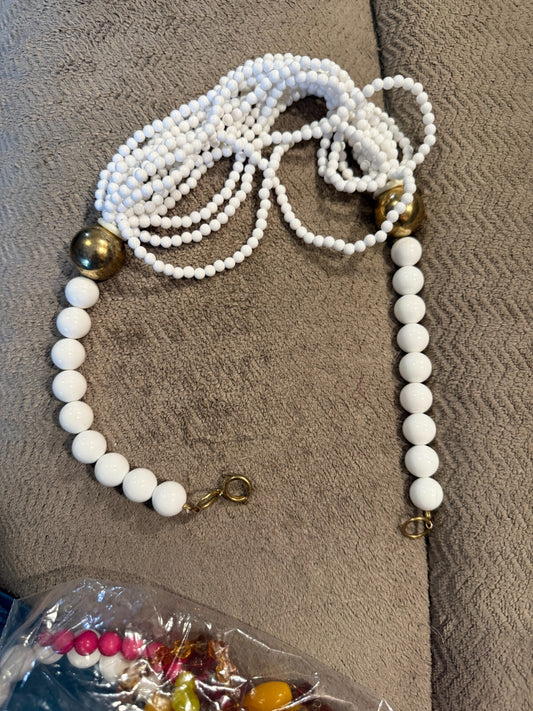 Vintage 80s White Bead Multi Strand Necklace Gold Tone Ball Accents Statement