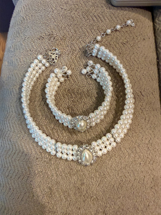 Faux Pearl Choker Necklace Bracelet Set 3 Strand Rhinestone Teardrop Bridal Prom